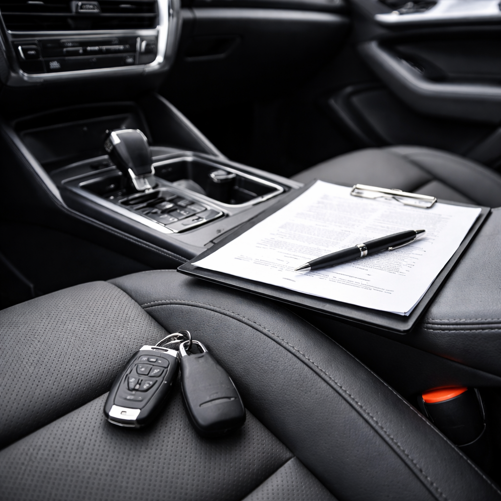 Interior de automóvil con llaves y documentos de arrendamiento