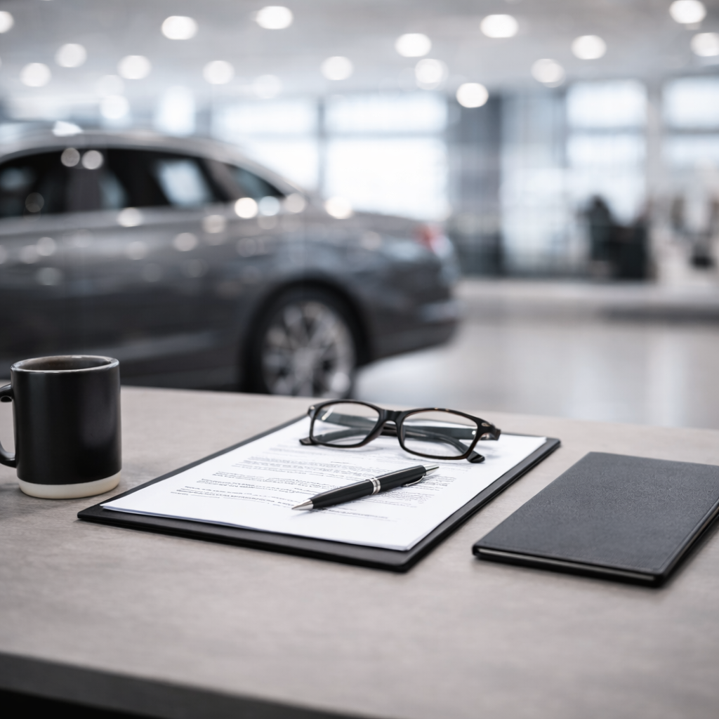 Área de trabajo en concesionaria con documentos, pluma y libreta frente a un auto desenfocado, representando asesoría automotriz profesional y personalizada.